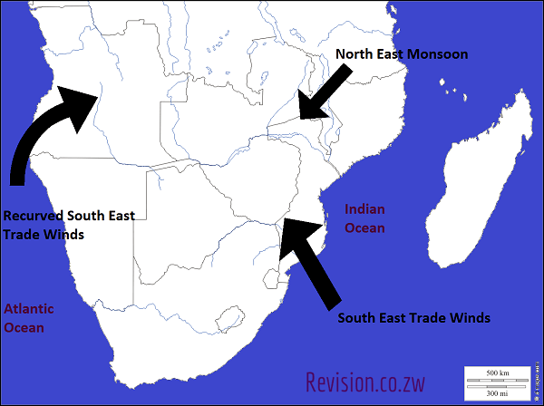 A map showing the major winds of Southern Africa