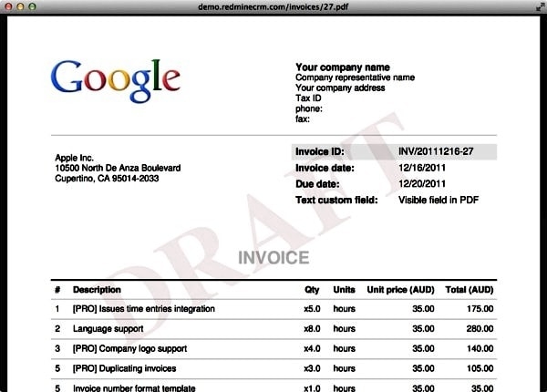 An example of an invoice. Image credit redminecrm.com