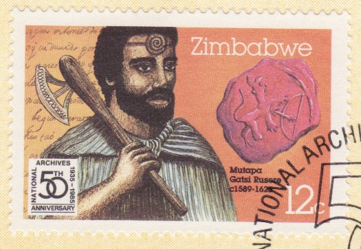 A stamp showing a Portoguese impression of the Mutapa Gatsi Rusere. Notice the decidely European features. Image credit stampdata.com