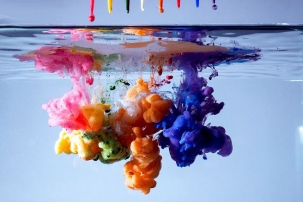 Coloured ink droplets falling and diffusing in a glass of water. Image credit pinterest.com